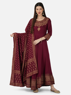 NEW STYLISH Women Printed Anarkali Kurta(Maroon, Gold)