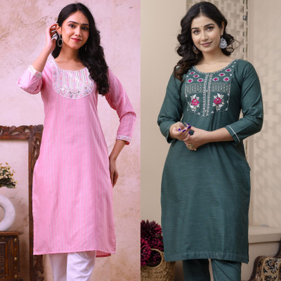 AUZAAI COLLECTION Women Embroidered Straight Kurta(Pink, Grey)
