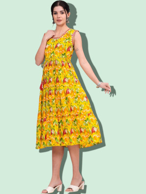 KurtisHouse Women Printed Anarkali Kurta(Yellow)