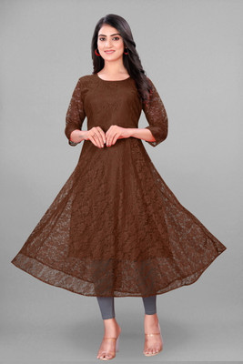 URUFASHIONMART Women Self Design A-line Kurta(Brown)