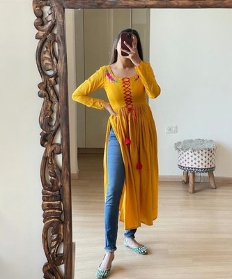 Sankalp Women Embroidered A-line Kurta(Yellow)
