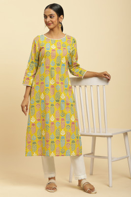 W Women Floral Print Straight Kurta(Yellow)