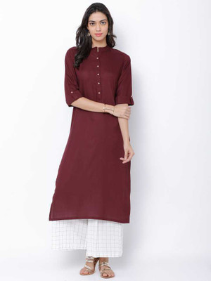 Demirner Women Solid Straight Kurta(Maroon)