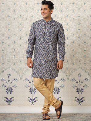 Ode by House of Pataudi Men Printed Straight Kurta(Dark Blue)