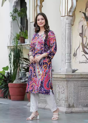 Lamba Creations Women Printed Straight Kurta(Purple)