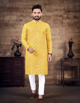 Sawi Fashion Men Embroidered Straight Kurta(Yellow)
