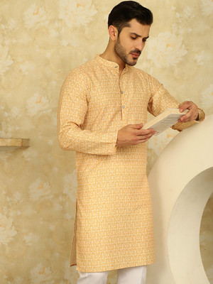 ANOUK Men Printed Straight Kurta(Yellow)