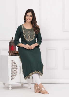 ki and ka Women Embroidered Straight Kurta(Dark Green, Gold)