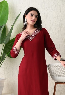 PHYSIL Women Embroidered Straight Kurta(Maroon)