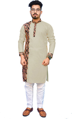 Rainbow Cloths Men Printed Straight Kurta(Orange)