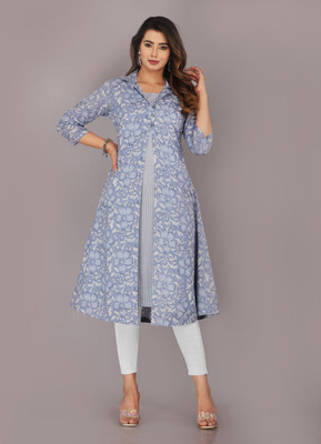 Kriftee Women Printed A-line Kurta(Blue)