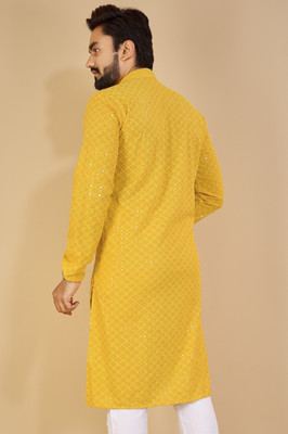 Alankrit Textiles Men Embellished Straight Kurta(Yellow)