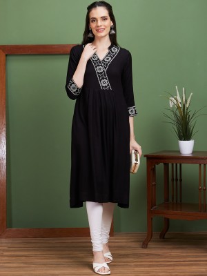 Globus Women Embroidered A-line Kurta(Black)