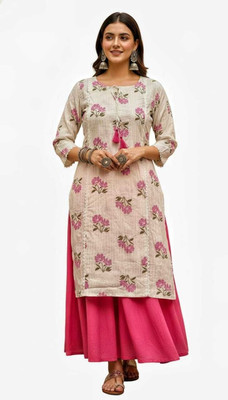 Oshmi Creations Women Floral Print, Embellished Straight Kurta(Beige, Pink)