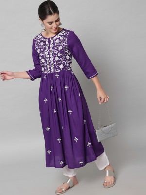 ANGITA Women Chikan Embroidery Flared Kurta(Purple)