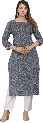 ravishree Women Printed Straight Kurta(Grey, White)