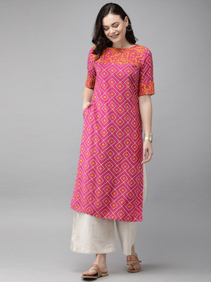 ANOUK Women Printed Straight Kurta(Pink)
