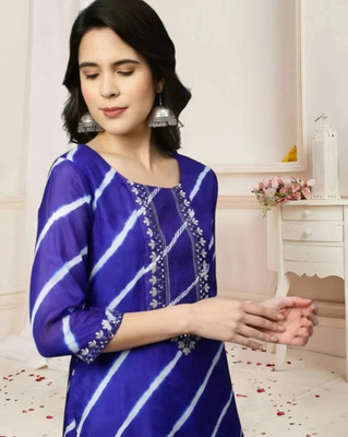 Nibhao Women Printed Straight Kurta(Blue, White)