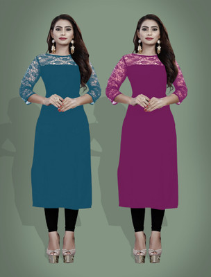 Maheshvi Women Solid Straight Kurta(Blue)