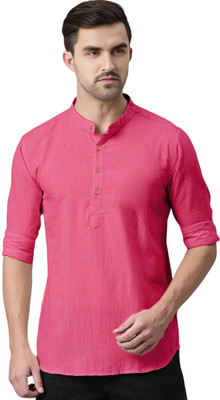indirae Men Solid A-line Kurta(Pink)
