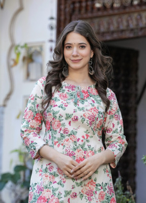 Wawlooks Women Floral Print Straight Kurta(Pink)