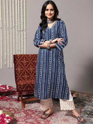 Jixpox Women Printed Straight Kurta(Blue)