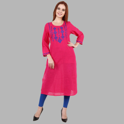 Kaina Creations Women Embroidered Straight Kurta(Pink)