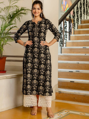 Mauka Women Printed Straight Kurta(Black)