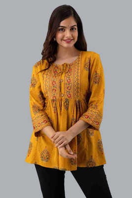 DMP EXPORT Women Floral Print Asymmetric Kurta(Yellow)