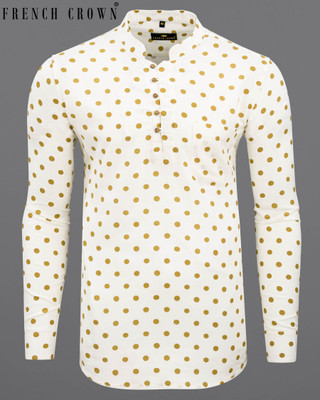 french crown Men Polka Print Straight Kurta(White, Yellow)