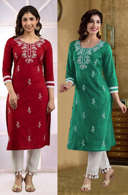 vikshi Women Chikan Embroidery Straight Kurta(Red, Green)