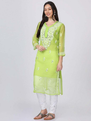 Ekkambar Women Chikan Embroidery Straight Kurta(Green)