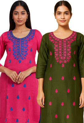 Badry Fashion Women Embroidered Straight Kurta(Pink, Green)