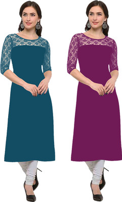 Maheshvi Women Self Design Straight Kurta(Purple, Dark Blue)