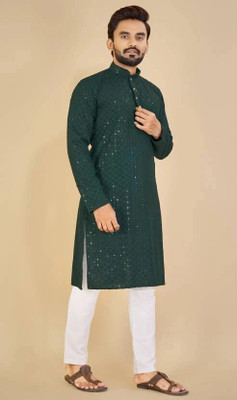ORIFAB Men Embroidered Straight Kurta(Green)
