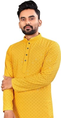 LOOKMARK Men Chikan Embroidery Straight Kurta(Yellow)