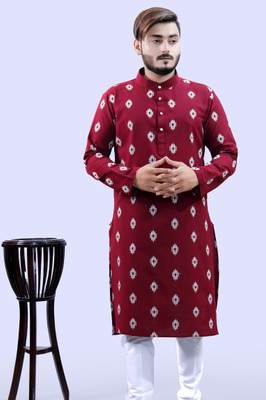 Tibra Collection Men Printed Straight Kurta(Maroon)