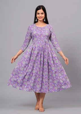 TANTANATAN Women Printed Anarkali Kurta(Purple, White)