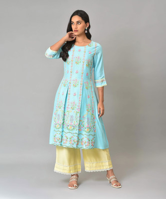 W Women Floral Print A-line Kurta(Blue)