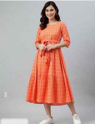 SSF Fab Women Self Design Flared Kurta(Orange)