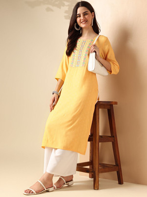 ANOUK Women Geometric Print Straight Kurta(Yellow)