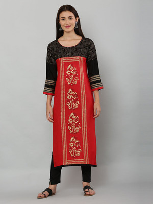 EZIS FASHION Women Block Print Straight Kurta(Red)