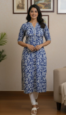 Secure Creation Women Floral Print, Printed Straight Kurta(Blue)