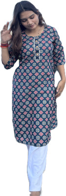 just modal Women Geometric Print, Printed Straight Kurta(Dark Green)