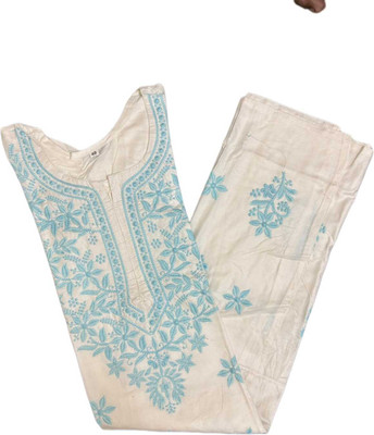 Shah Chikan Women Embroidered, Floral Print Straight Kurta(White)