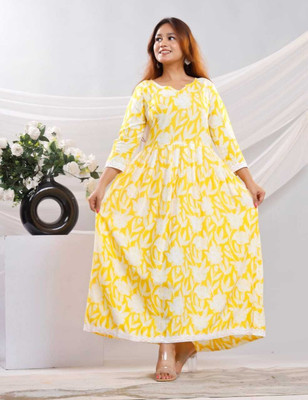 AnshulRajput Women Printed Anarkali Kurta(Yellow, White)