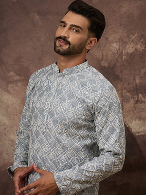 House of Pataudi Men Embroidered Straight Kurta(Grey)