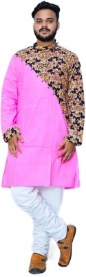 Saheb Men Self Design Pathani Kurta(Pink)