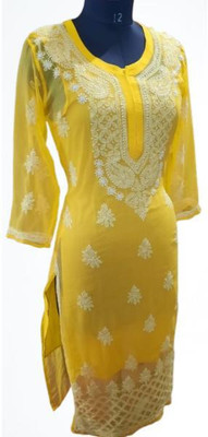 KKHENTPRS Women Chikan Embroidery Ethnic Dress Kurta(Yellow)