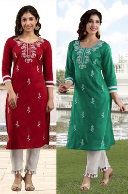 vikshi Women Embroidered Straight Kurta(Green, Red)